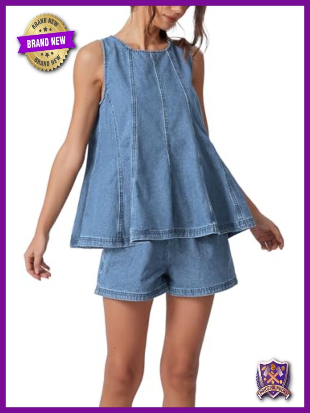 Women 2 Piece Outfit Cotton Denim Sleeveless Top High Rise Jean Shorts Set